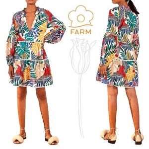 NWT FARM Rio Off White Macaw Mini Dress Multicolor Long Sleeve Size Small
